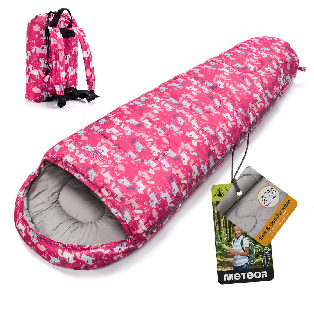 meteor Premium Kinder-Schlafsack mit Rucksack Ultraleicht Kinder Hüttenschlafsack Komfortbel Jugendl