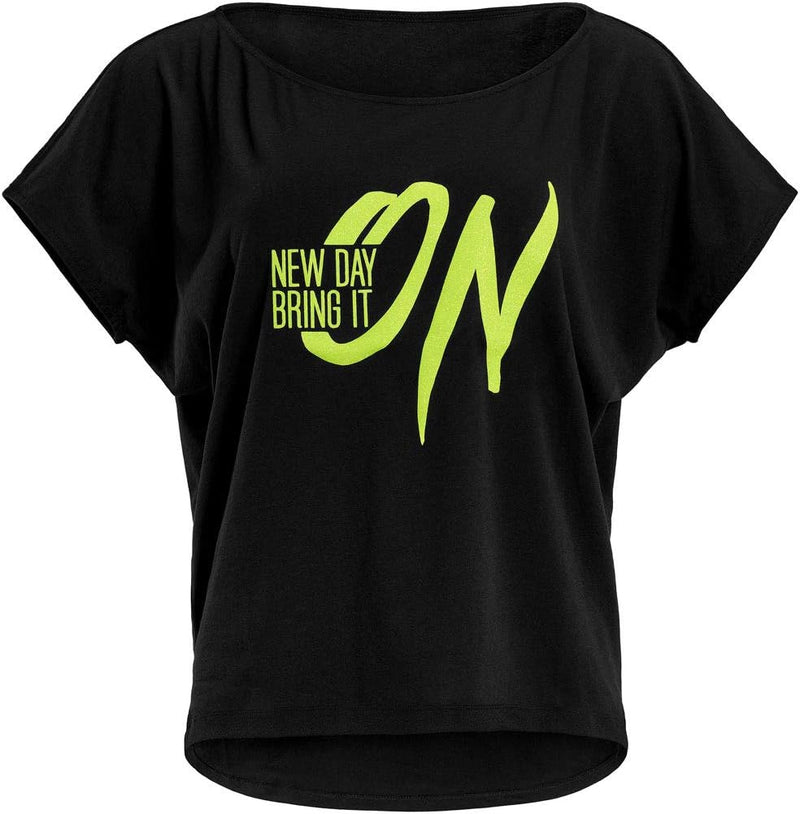 WINSHAPE Damen Ultra leichtes Modal-Kurzarmshirt MCT002 XS Lässig Schwarz-neon-gelb-glitzer, XS Läss