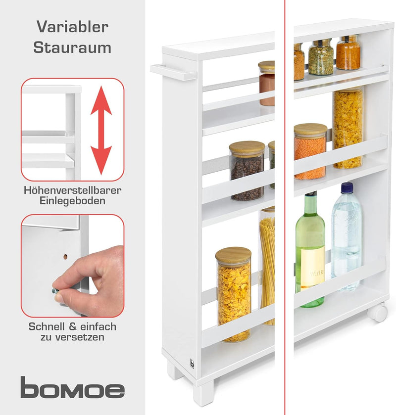 bomoe Nischenregal 15cm breit – Küchenwagen Küchenregal Schmal – Rollwagen Schmal 3 Fächer & Arbeits