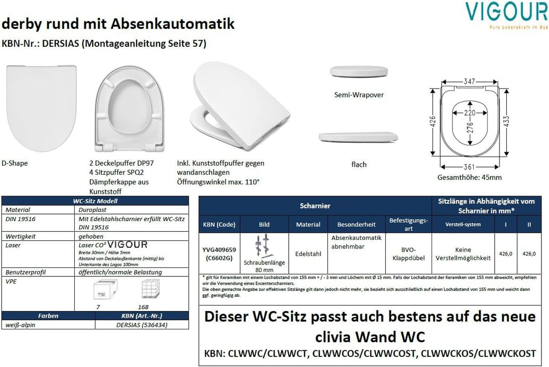 VIGOUR WC-Sitz derby rund DERSIAS abnehmbar mit Absenkautomatik & Edelstahlscharnier