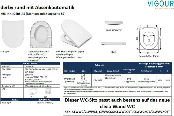 VIGOUR WC-Sitz derby rund DERSIAS abnehmbar mit Absenkautomatik & Edelstahlscharnier