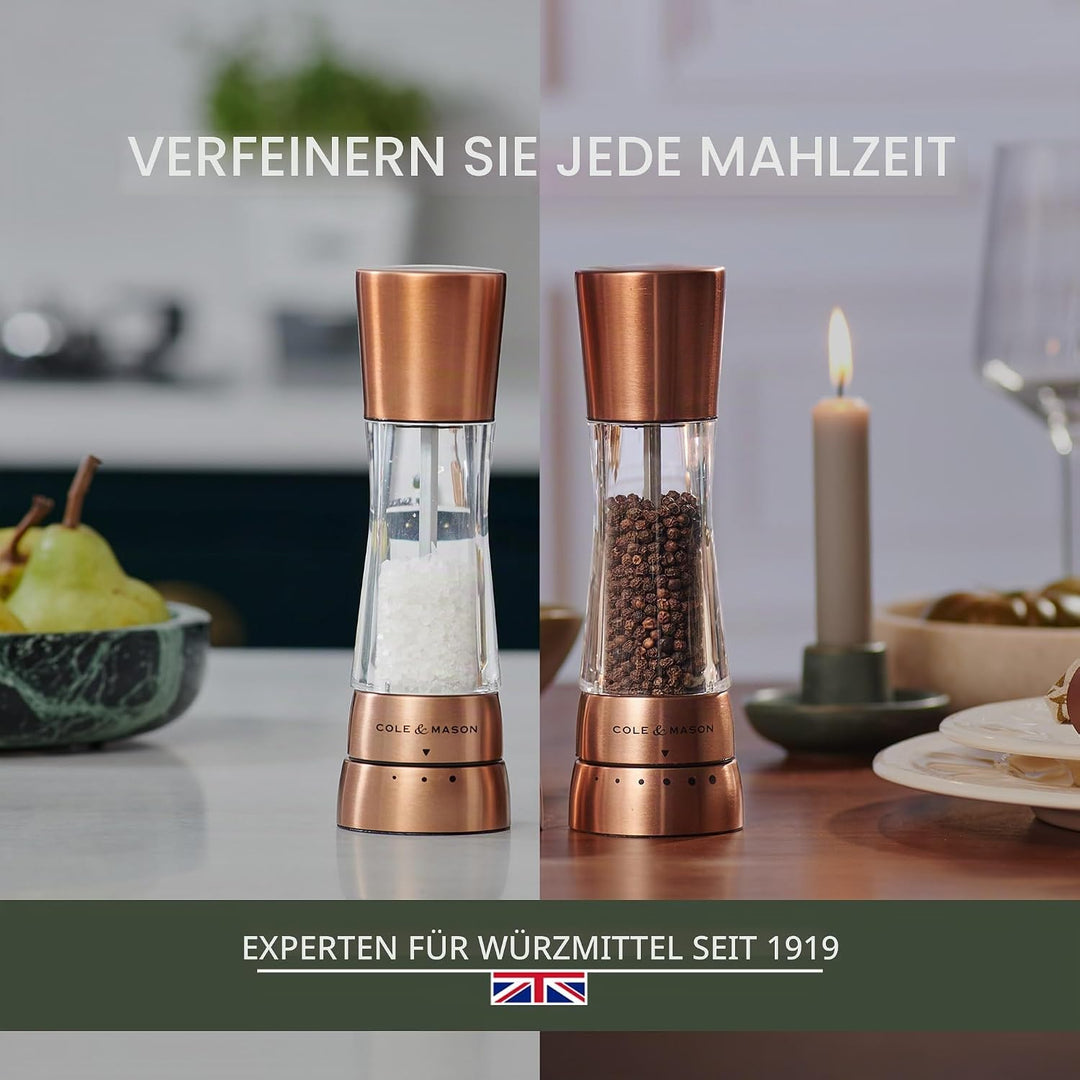 Cole & Mason H59418G Derwent Kupfer Salz und Pfeffer Mühle, 2er Set Manuell, Edelstahl/Acryl, 190mm,