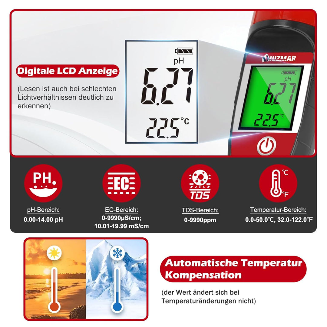 pH Messgerät Wasser, pH EC Messgerät Grow für Hydrokultur, TDS pH Messgerät für Trinkwasser, Pool Wa