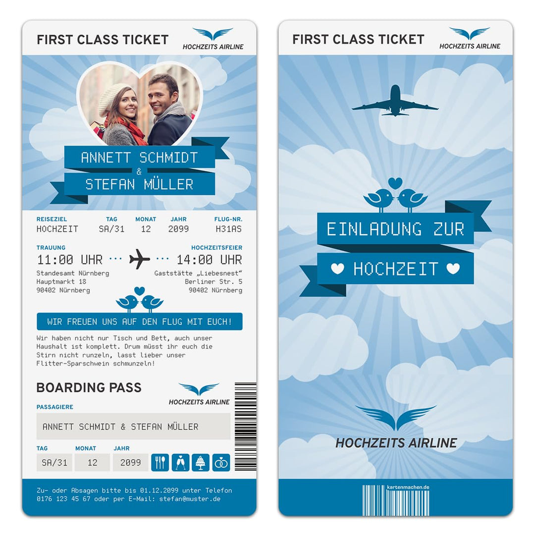 Kartenmachen.de Personalisierte Hochzeit Einladungen (10-100 Stück) - First Class Flugticket Blau -