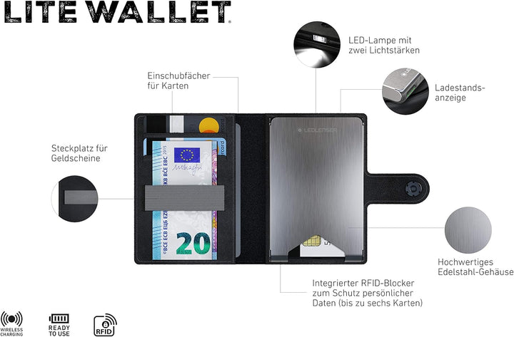 Ledlenser Lite Wallet Portemonnaie, Classic Chestnut, integrierter RFID-Schutz, aufladbares LED-Lich
