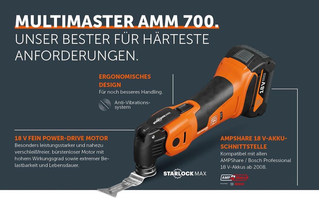 Fein Akku Multimaster AMM 700 MAX TOP AS (18 V, ohne Akku, AMPShare, StarlockMax, Multitool inkl. Zu