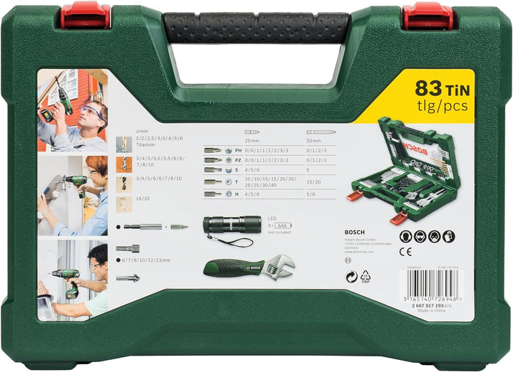 Bosch 83tlg. V-Line Titanium Bohrer und Bit Set (mit LED-Taschenlampe und Rollgabelschlüssel, für Ho