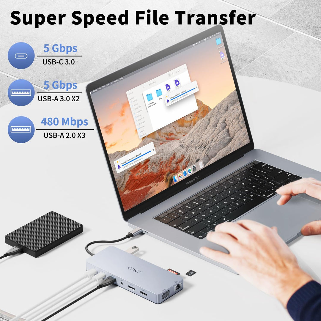 Dockingstation Laptop 2 Monitore, 14-in-1 Docking Station USB C Hub mit 2 HDIM 4K Adapter,VGA,100W P