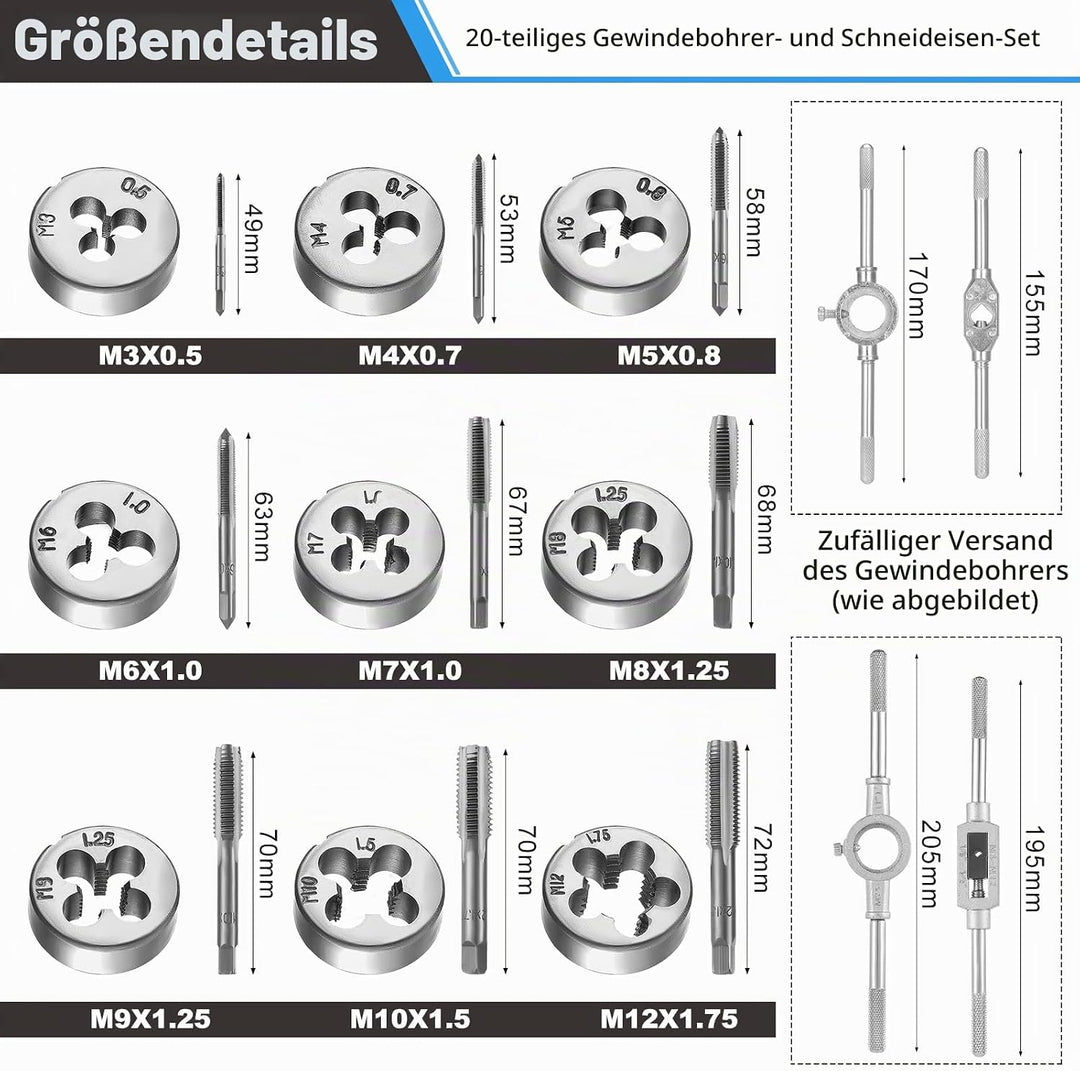 HSEAMALL Gewindeschneidsatz, 20-teilig, M3-M12 Gewindebohrer und Schneideisen 20 pcs Silver, 20 pcs