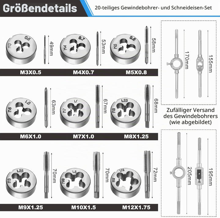 HSEAMALL Gewindeschneidsatz, 20-teilig, M3-M12 Gewindebohrer und Schneideisen 20 pcs Silver, 20 pcs