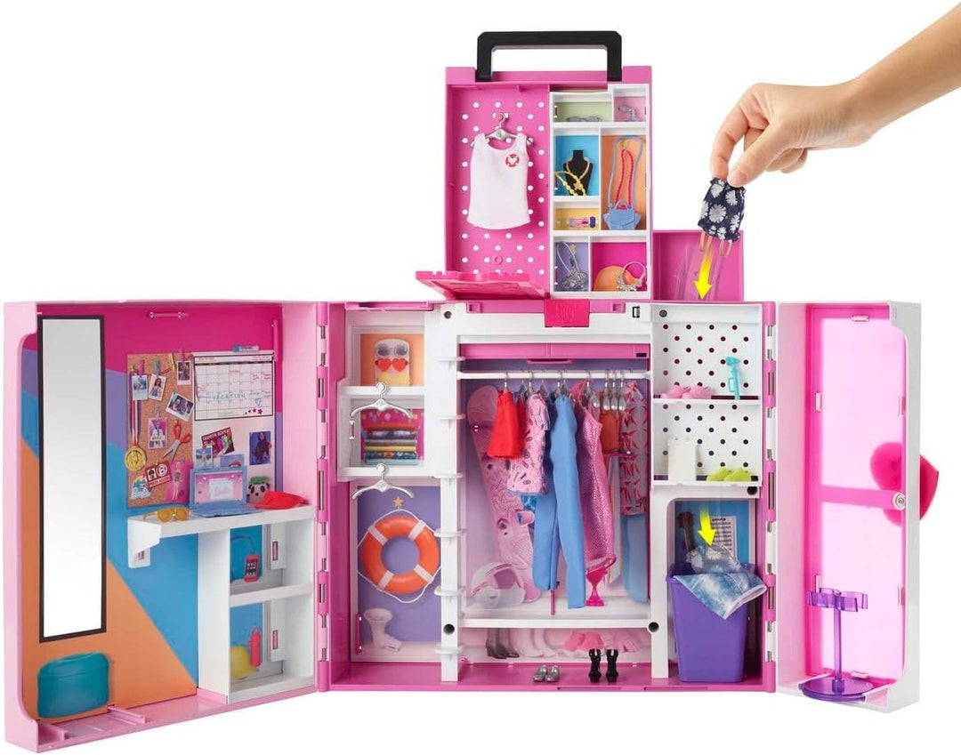 Barbie Traum Kleiderschrank mit Barbie Kleidung und Zubehör, 2 Etagen Wäscheschrank, Arbeitsplatz, S