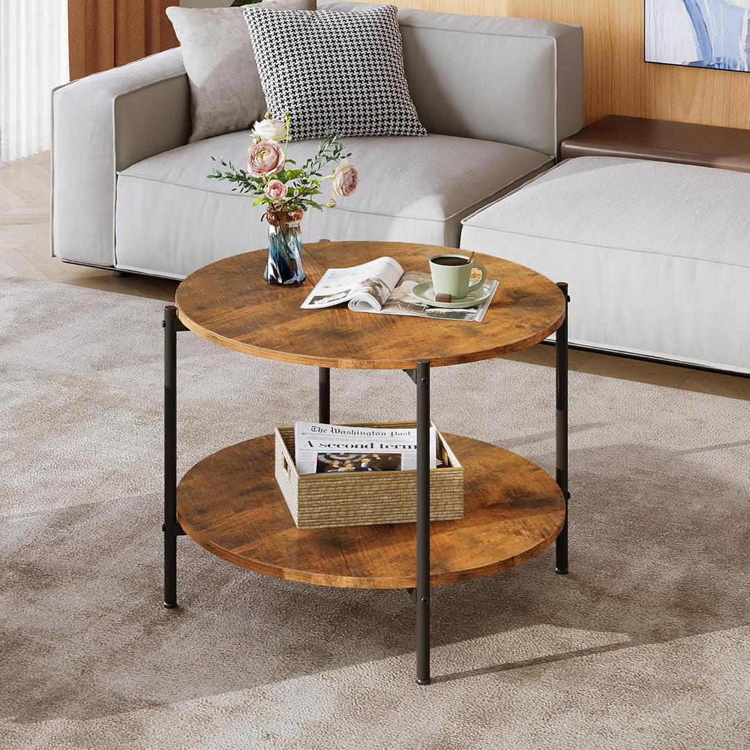 WLIVE Runder Couchtisch Weiss, Wohnzimmertisch Holz mit 2 Ebenen, Sofatisch mit viel Stauraum, für W
