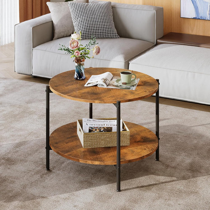WLIVE Runder Couchtisch Weiss, Wohnzimmertisch Holz mit 2 Ebenen, Sofatisch mit viel Stauraum, für W