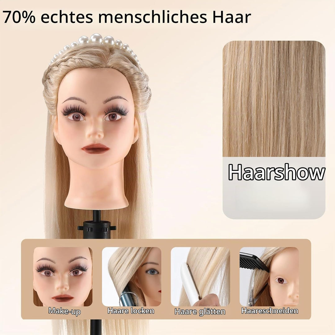 Frisierkopf 70% Echthaar Übungskopf 24 Zoll Frisierkopf Friseure Trainingsköpfe für Friseure zum Fri