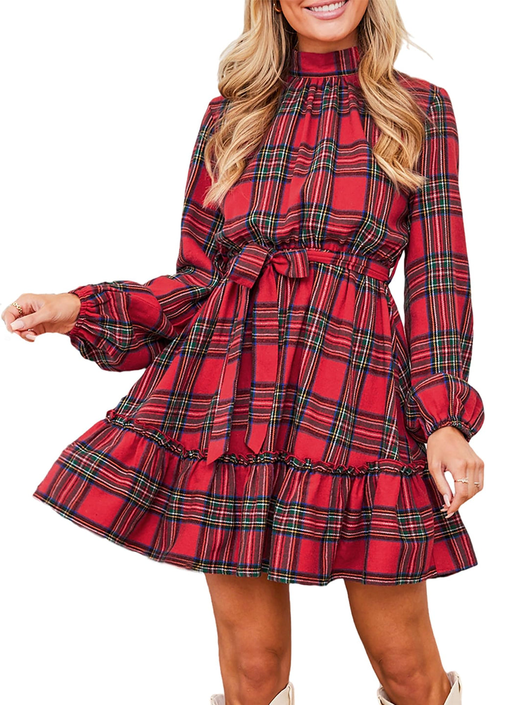 CUPSHE Damen Kleid High Neck Langarm Blumenmuster Kurzes Minikleid Freizeitkleider Party Tunika Dres