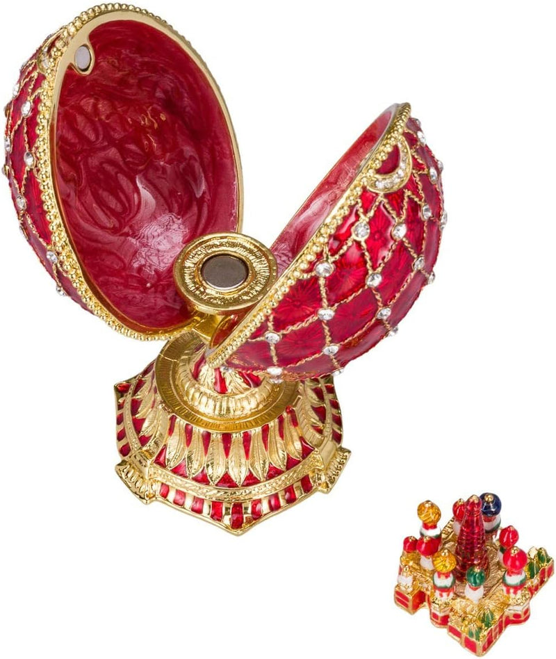 Danila-Souvenirs Fabergé-Stil Ei mit Basilius-Kathedrale 12 cm rot