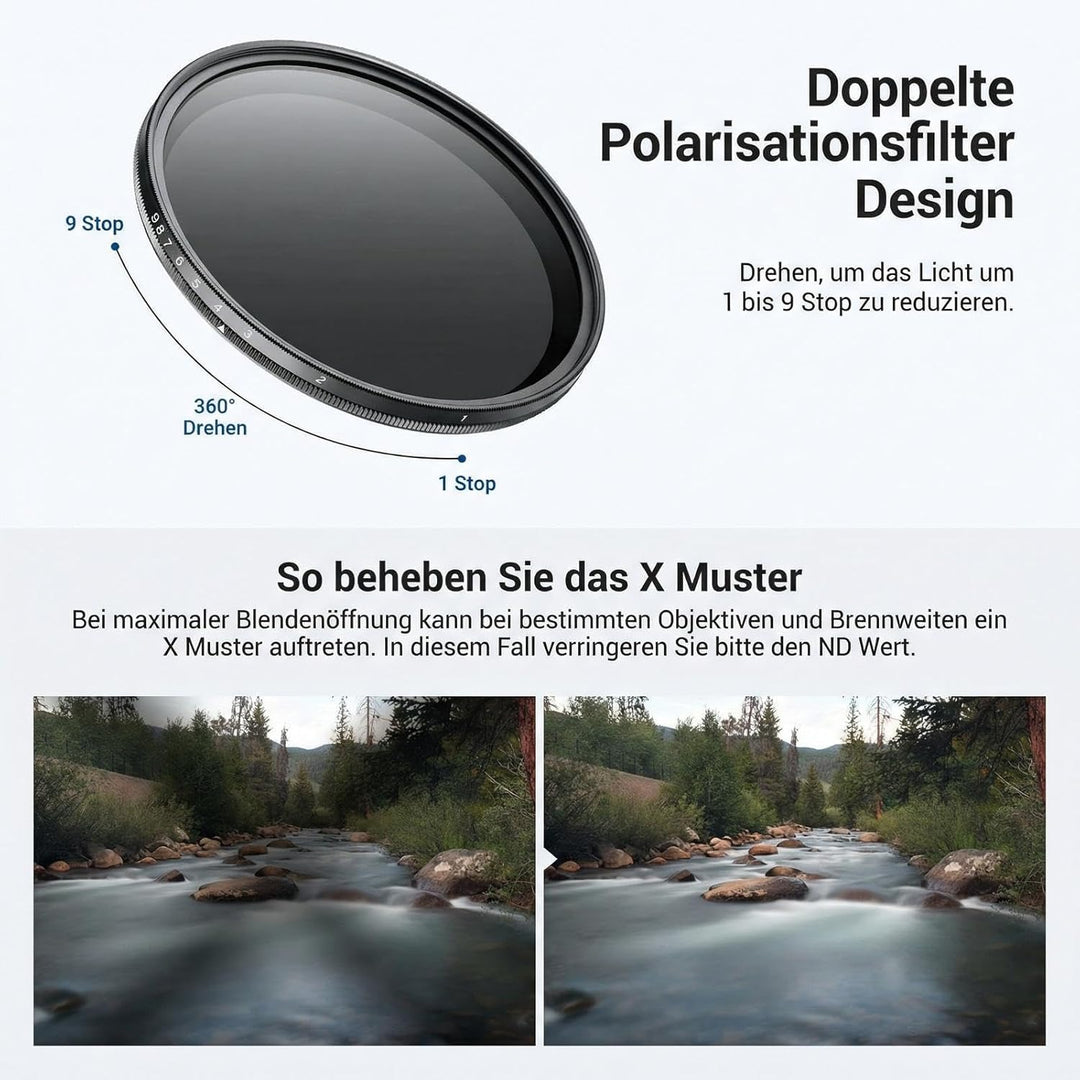 NEEWER BASICS 52mm variabler ND Filter, ND2-400 1-9 Stops Lichtreduzierung, drehbarer variabler Grau