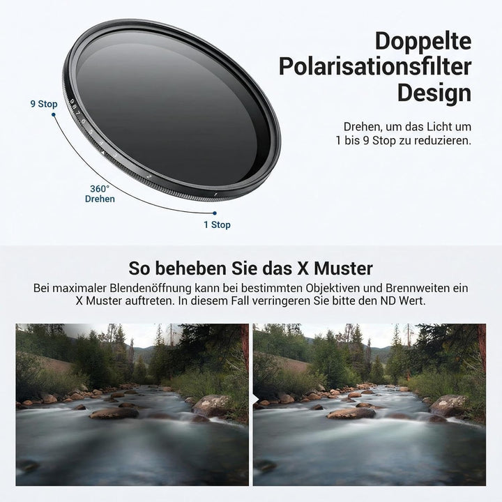 NEEWER BASICS 52mm variabler ND Filter, ND2-400 1-9 Stops Lichtreduzierung, drehbarer variabler Grau