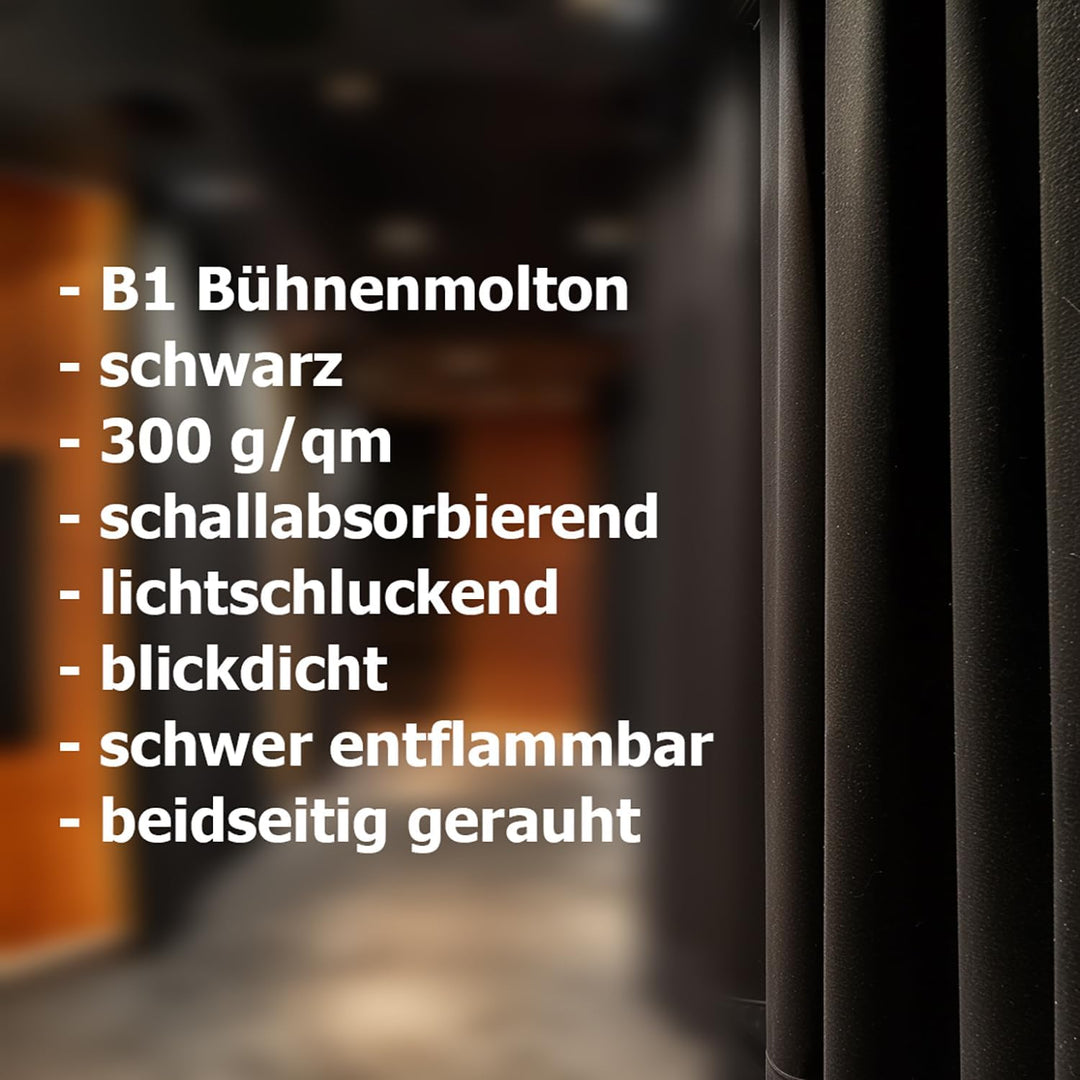 Bühnenmolton Stoff Meterware, schwarz, 100% Baumwolle, 300 cm breit, Gewicht 300 g/m2, schwer entfla