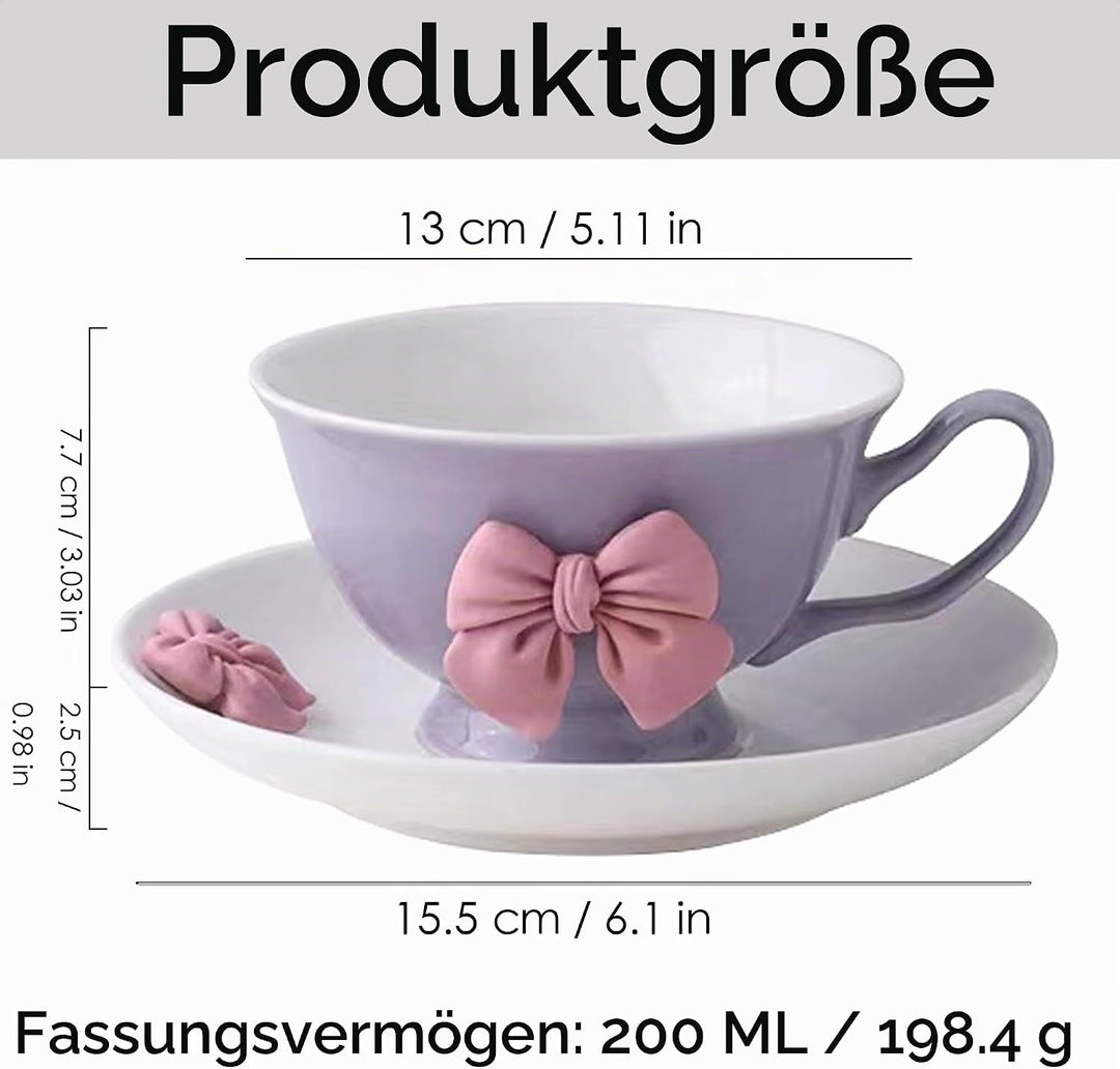 200 ML Kaffeetassen Set mit Untertasse Keramik Tasse mit Schleife und Henkel Violett Rosa Schleife K