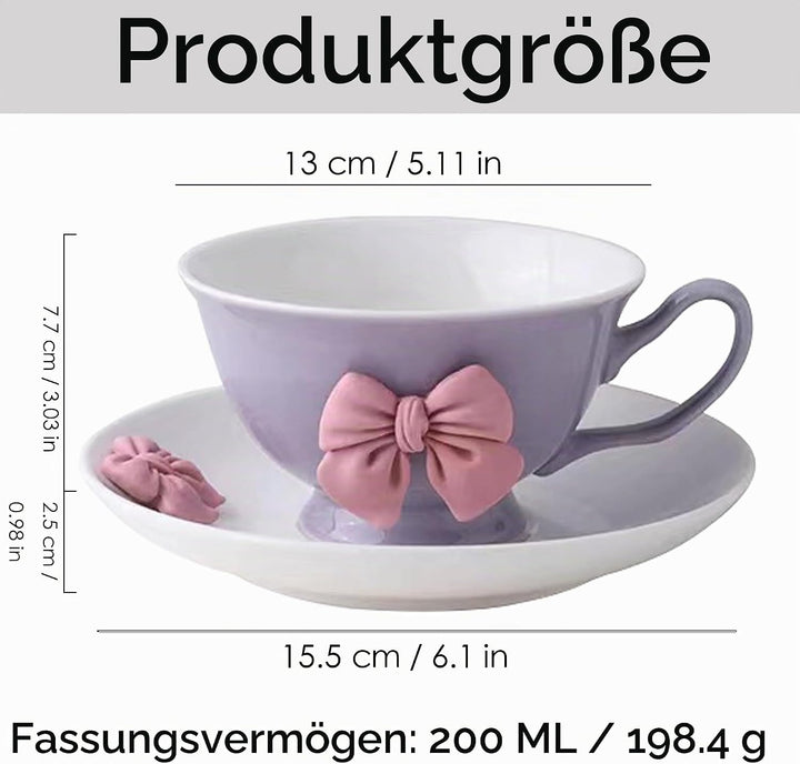 200 ML Kaffeetassen Set mit Untertasse Keramik Tasse mit Schleife und Henkel Violett Rosa Schleife K