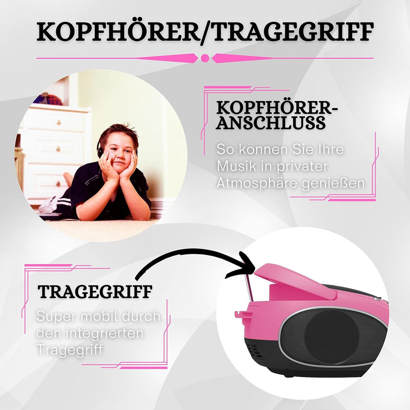 Tragbare Boombox | CD/CD-R | USB | FM Radio | AUX-In | Kopfhöreranschluss | CD-Player | Kinder Radio