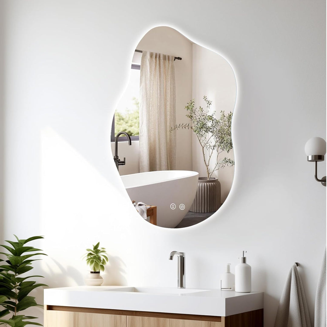 ColdShine LED Badspiegel Asymmetrisch mit Beleuchtung, Wandspiegel fürs Badezimmer mit Touch-Sensor,