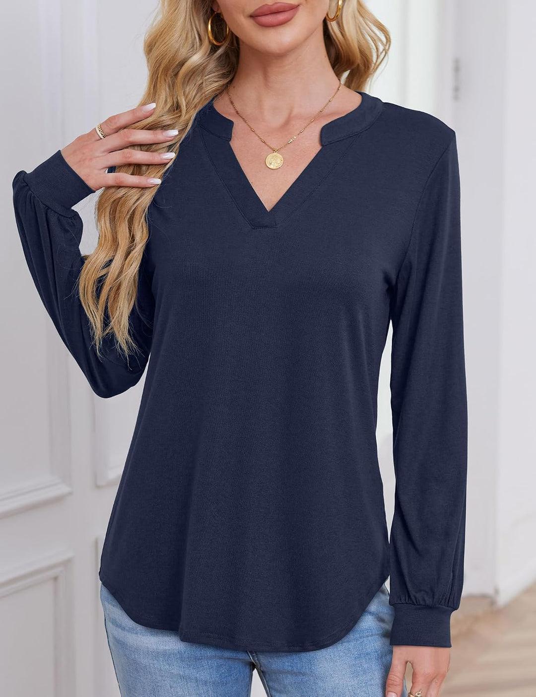 Beluring Langarmshirt Damen Elegant V Ausschnitt Tunika Bluse Einfarbig T-Shirt XL Marineblau, XL Ma