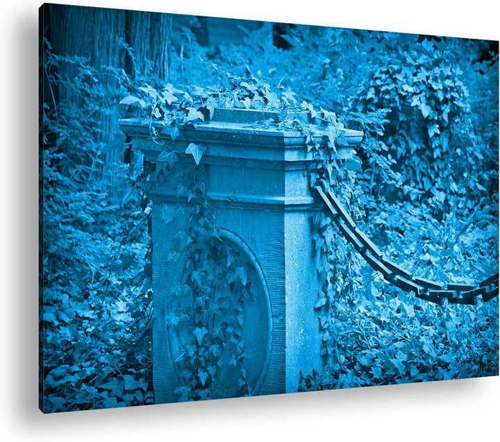 deyoli Efeu bewachsene Steinsäule Format 80x60 Effekt: Monocrome Blau als Leinwandbild, Motiv fertig