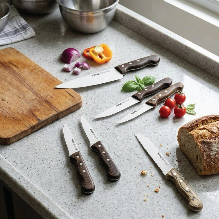 Pirge Sultan Küchenmesser Set mit Block 7 TLG Edelstahl - Vengeholz Messerset mit Hainbuchenholz Mes