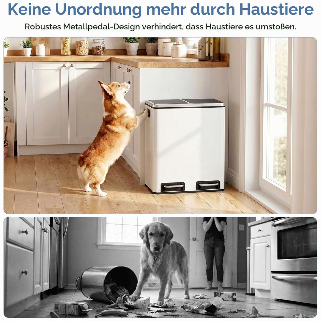 Clevich Mülleimer Küche 2 x 15 Liter, Mülltrennsystem 2 Fächer 30L für Recycling und Abfall, Treteim