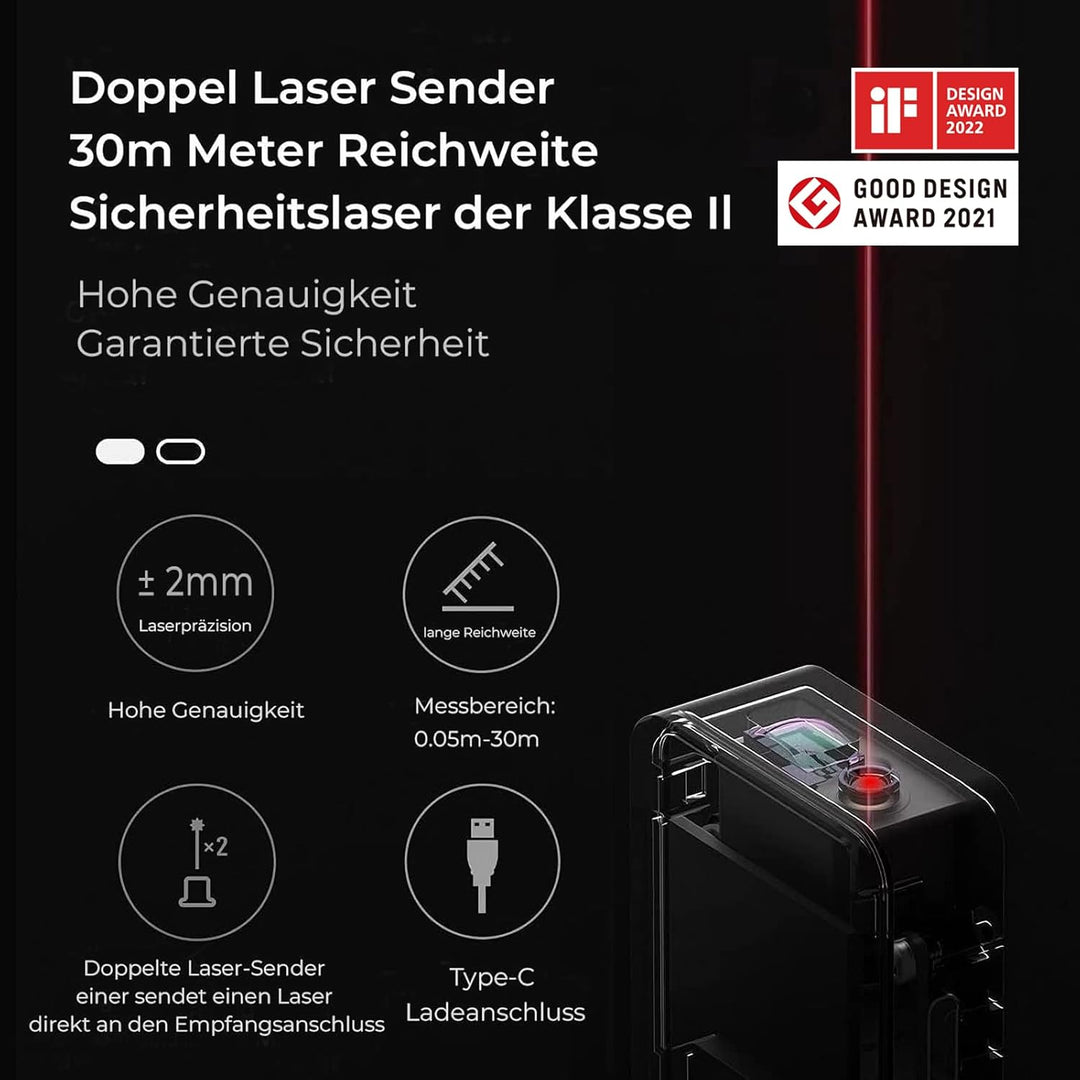HOTO Laser Entfernungsmesser 30 m Messbereich, ±2 mm Genauigkeit, digitales Laser-Massband, Laser-Me