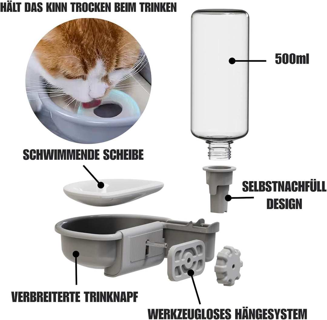 Wasserspender Hund für Käfig, 480ml trinkflasche Hunde Automatischer und Anti-Überlauf, Haustier Tri