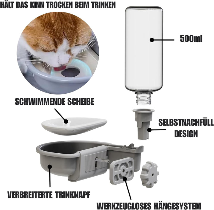 Wasserspender Hund für Käfig, 480ml trinkflasche Hunde Automatischer und Anti-Überlauf, Haustier Tri