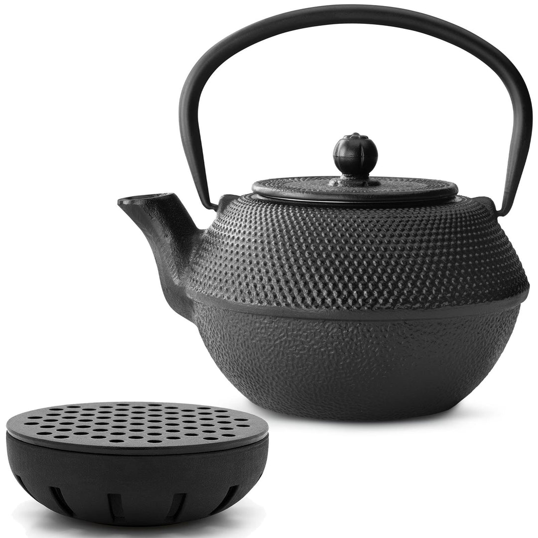 Teekanne asiatisch Gusseisen Set schwarz 1.1 Liter Teekessel mit Henkel & Edelstahl Tee-Filter-Sieb-