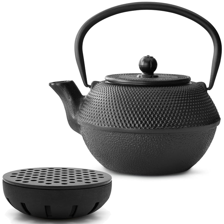 Teekanne asiatisch Gusseisen Set schwarz 1.1 Liter Teekessel mit Henkel & Edelstahl Tee-Filter-Sieb-