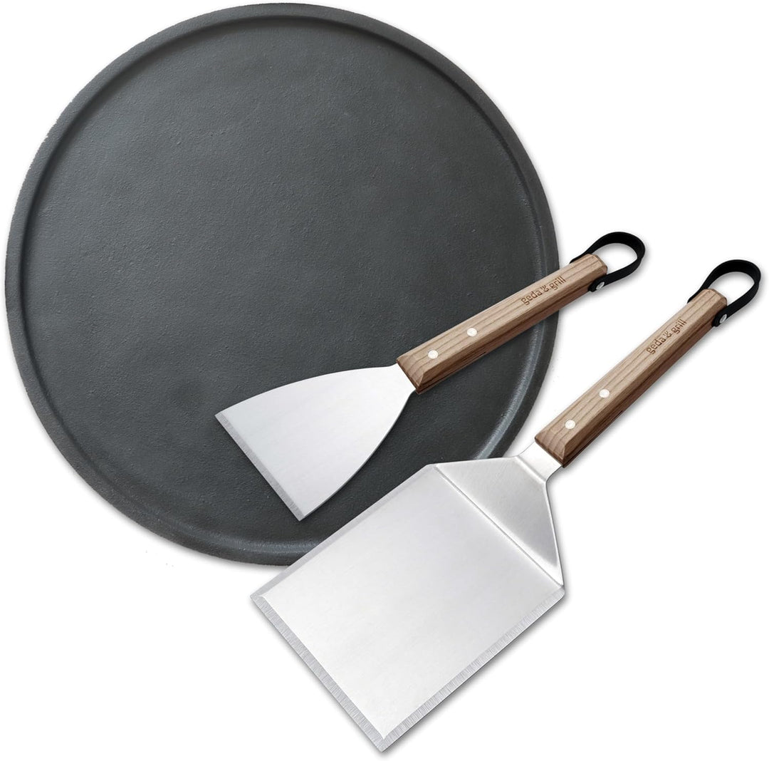 GEDA Grill Gusseisen Wendeplatte Set mit 2 TLG Plancha Tool Set - Grillspachtel und Grillschaber Gus