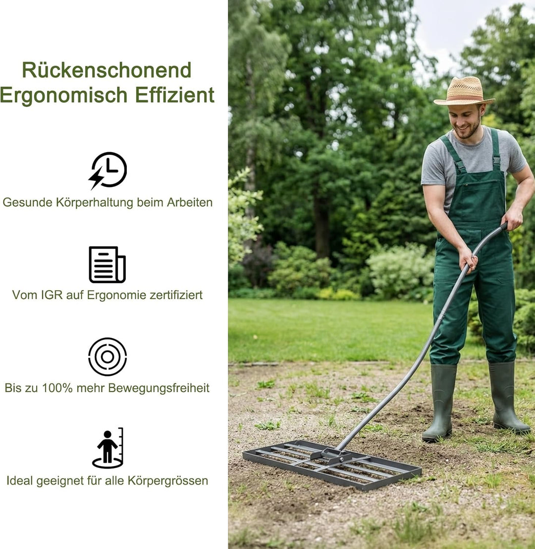 Lawn Levelling Rake Ergonomic with Click System 80 x 30 x 197cm, Rasenrechen Garden Grass Squeegee S