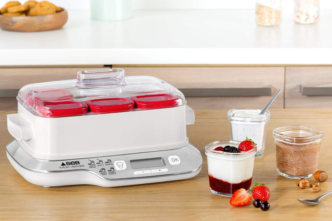 Seb YG660100 Joghurtbereiter, 6 rote Töpfe, Joghurt, 5 automatische Programme, Milchdesserts, weisse