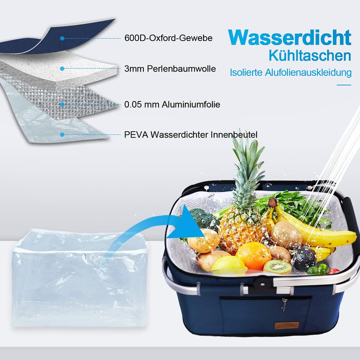 ABIUBIU 34L Kühltasche Einkaufskorb Picknickkorb Grosse isolierte Kühlkorb Lunchtasche Thermo Tasche
