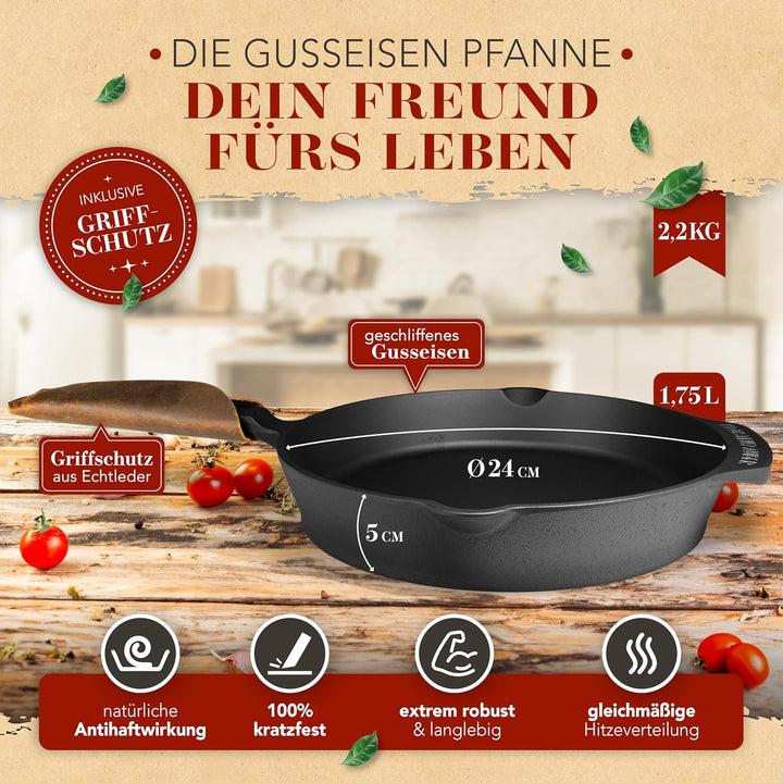 KRUSTENZAUBER Gusseisenpfanne Induktion 24cm inkl. Anleitung und Rezeptbuch - Geschliffene Pfanne Gu