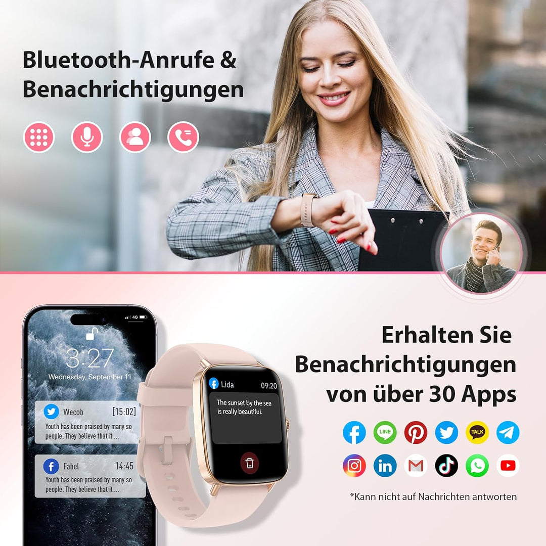 Yoever Smartwatch Damen mit Telefonfunktion - 1.85" Fitnessuhr Damen mit Herzfrequenz SpO2 Schlafmon