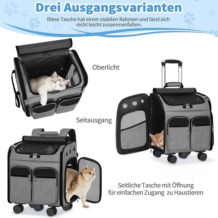 mit Trolley 2 in 1 bis 20 kg, Katzenrucksack Grosse Katzentragetasche mit Rollen, multifunktionaler