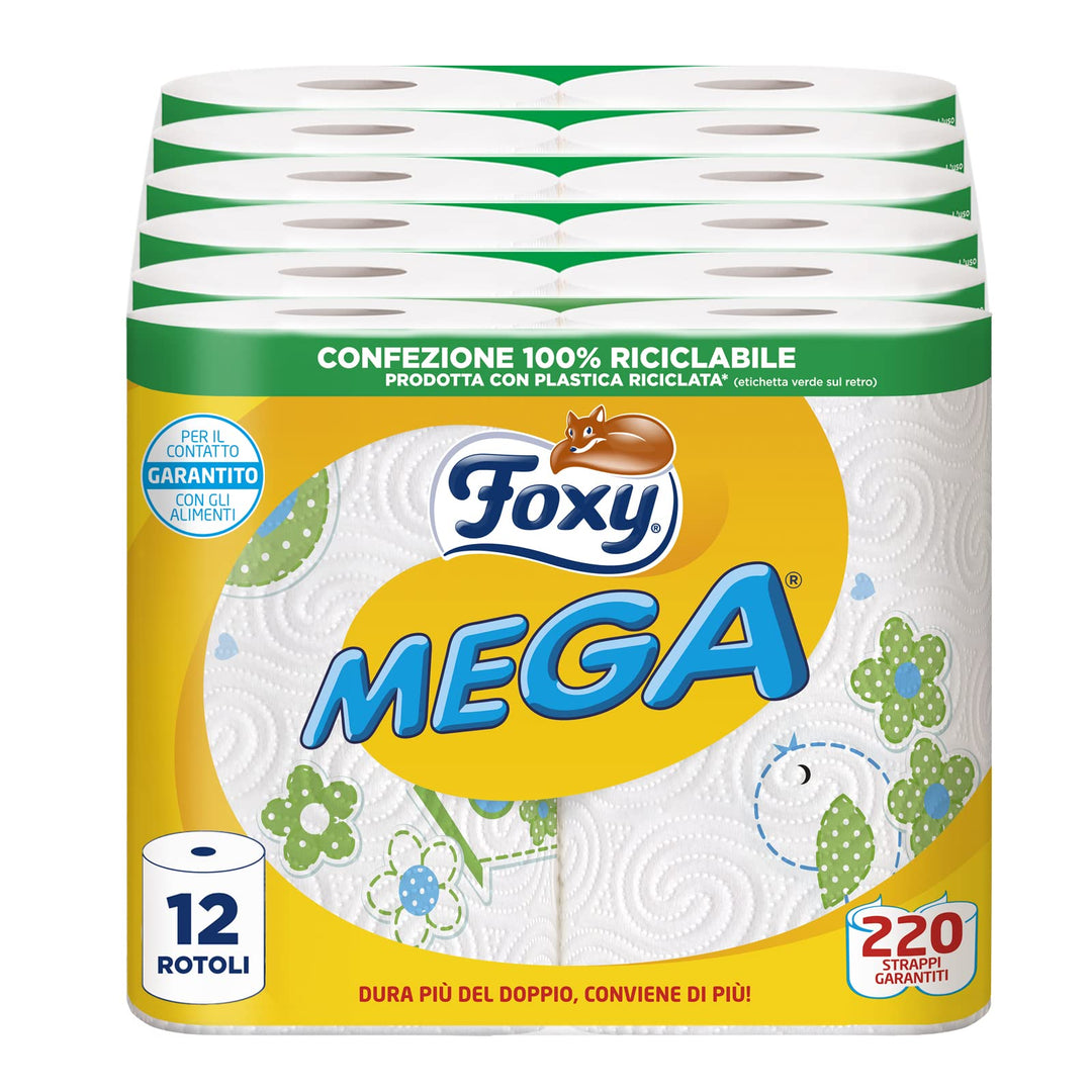 Foxy MEGA | Langlebiger Trockner | 12 Rollen | 110 Blatt pro Rolle | Super saugfähig | Papier 100% P