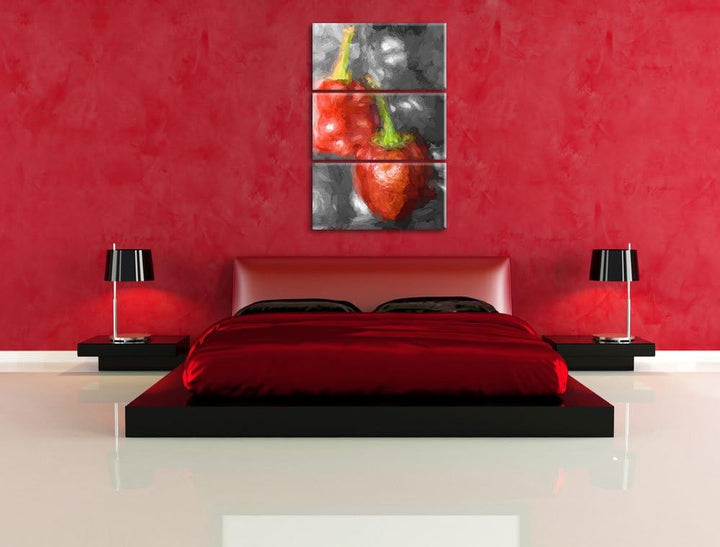 kleine scharfe Chilischoten schwarz/weiss Deluxe 3-Teiler Leinwandbild 120x80 Bild auf Leinwand, XXL