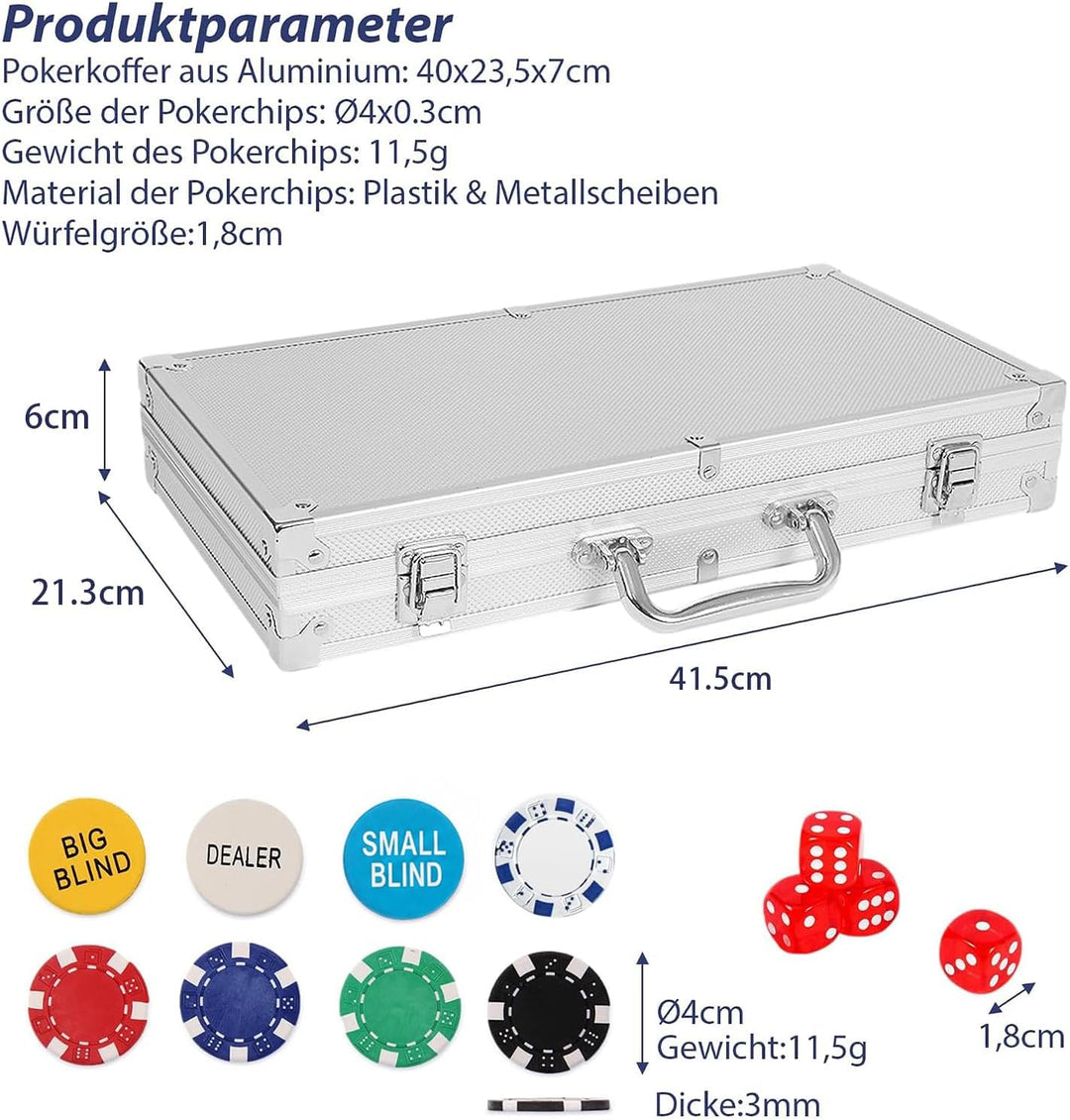 Pokerset inkl. 2X Pokerdecks, 5X Würfel, Dealer/Small Blind/Big Blind Button, Pokerspiel Alu Pokerko