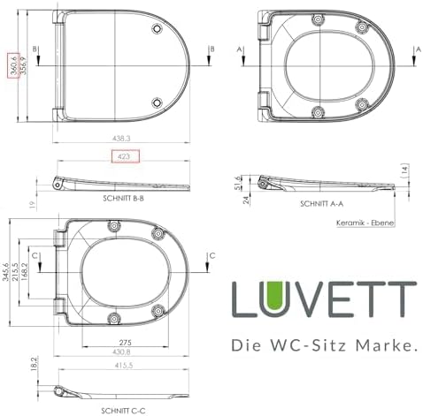 LUVETT® WC-Sitz D450 D-Form Weiss mit Absenkautomatik SoftClose, EasyClean (abnehmbar), Duroplast, e