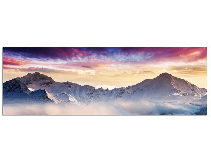 Paul Sinus Art Panoramabild auf Leinwand und Keilrahmen 120x40cm Berge Wald Schnee Nebel Abendrot