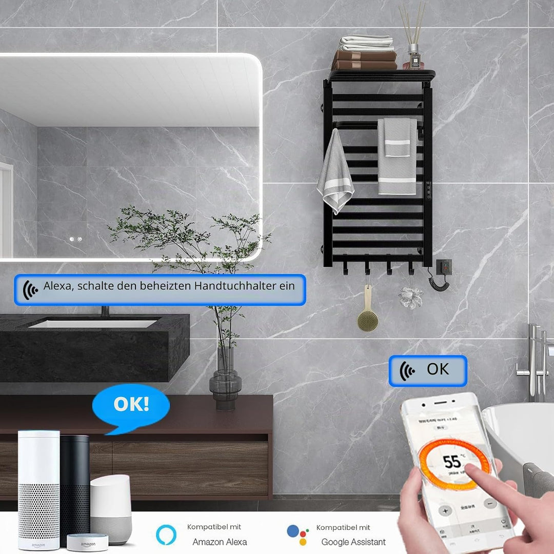 Elektrischer Handtuchhalter, WiFi Smart Thermostat Schwarz Handtuchwärmer, für Alexa und Google Home