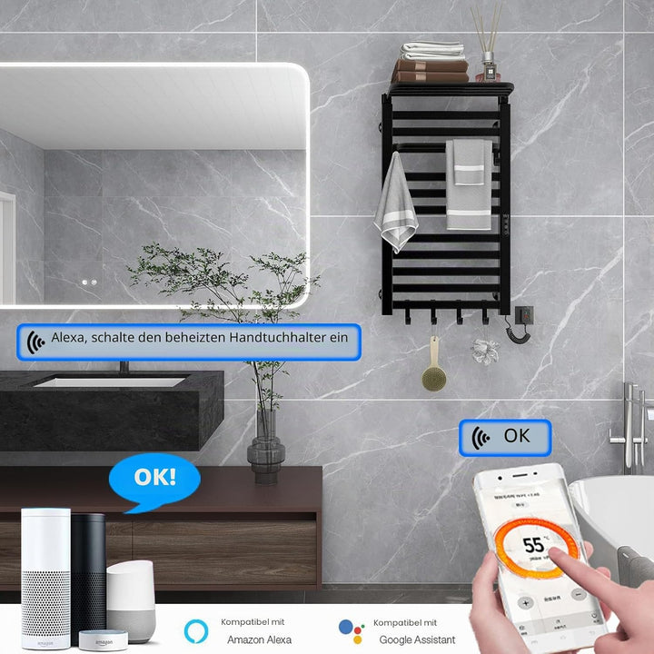 Elektrischer Handtuchhalter, WiFi Smart Thermostat Schwarz Handtuchwärmer, für Alexa und Google Home